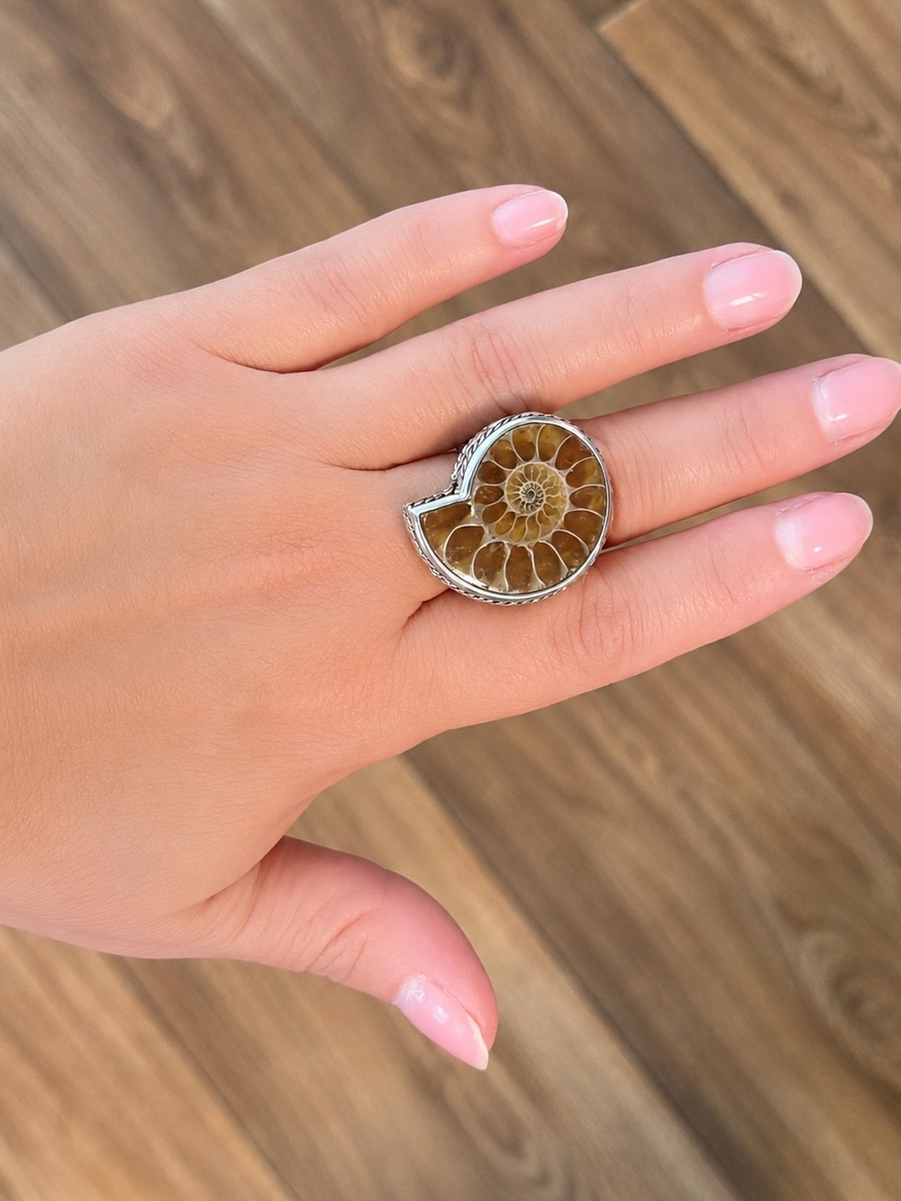 JTV 925 Sterling Silver Ammonite Shell Fossil Statement Ring Size 9 Boho Artisan